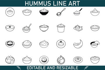 Hummus Line Art Editable, Resizable, Bowls, Spoon, Dip, Food, Design, Vector, Graphic, Illustrations