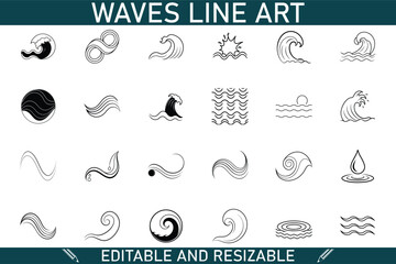 Editable Resizable Wave Line Art Graphics Set Ocean, Sun, Water