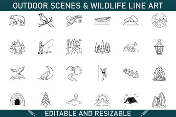 Editable Line Art Nature, Wildlife, Mountains, Camping, Outdoors