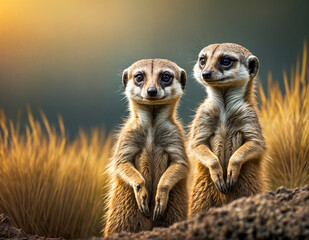 Fototapeta premium Two Alert Meerkats Standing in Golden Grass at Sunrise