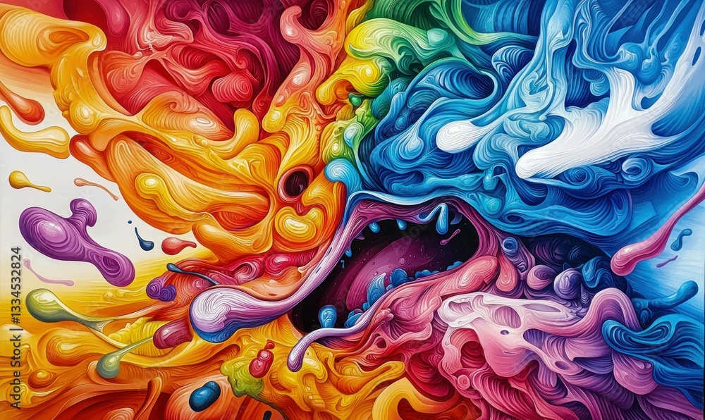 Poster a mesmerizing abstract illustration bursting with vibrant colors in a dynamic swirling motion.