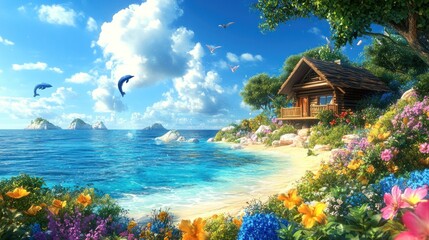 Fototapeta premium Tropical beach cabin, dolphins, island paradise, sunny day, floral garden