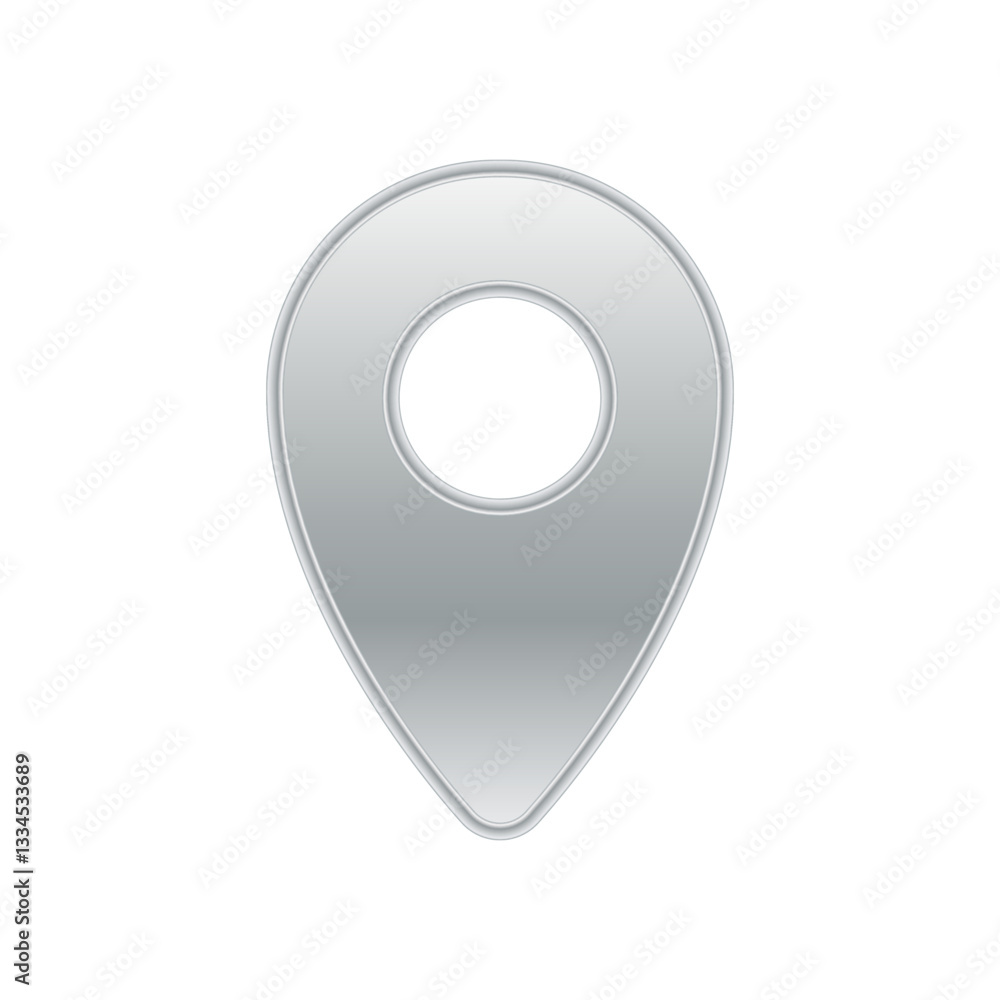 Poster sleek silver map pin icon with a metallic finish, used for marking locations and navigation on maps.