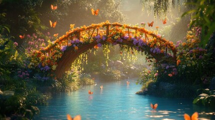 Floral bridge over stream, butterflies, fantasy forest, game design