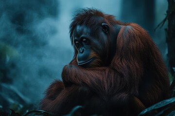Obraz premium Orangutan in rainforest pensive mood dark tones