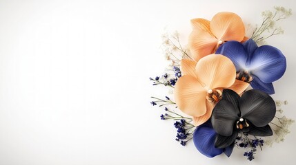 Elegant Orchid Blooms  Peach  Blue  Black Flowers  White Background