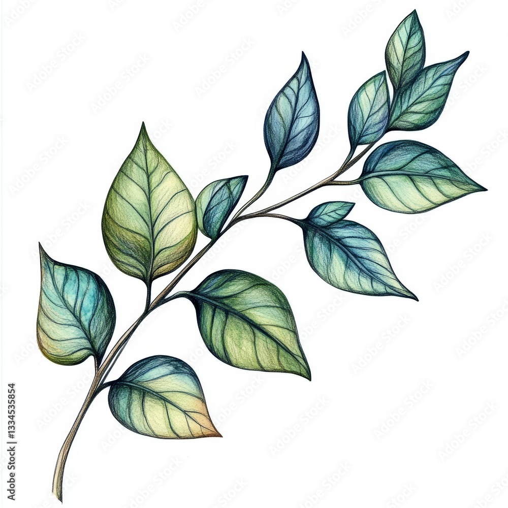 Aufkleber leaf and branch botanical drawing with colorful text elements on a clean background, nature-themed i