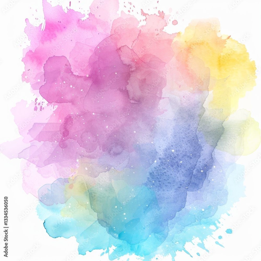 Poster delicate pastel watercolor splash with splatters of paint, creating a soft and artistic abstract des