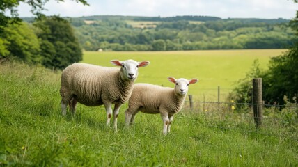 Fototapeta premium Adult Sheep and Lamb in a Verdant Pasture