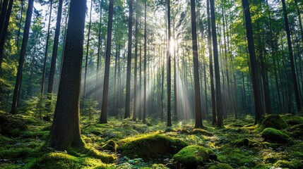 Obraz premium Sunbeams pierce misty morning forest, moss-covered rocks