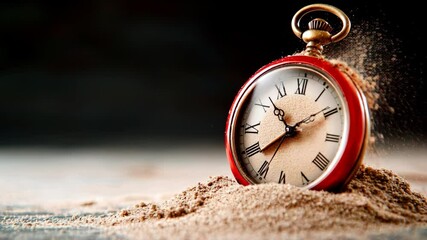 Time concept, Vintage Pocket Watch Buried in Sand Nostalgic Antique Clock Symbolizing Passage of Time - Powered by Adobe