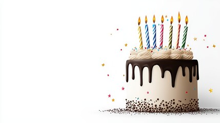An inviting birthday cake with colorful candles, drizzled with chocolate and decorated with sprinkles, ideal for celebration scenes.
