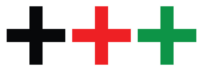 Plus icon set. Addition symbol. Cross sign isolated. First aid symbol. Vector illustration