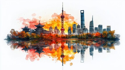 Obraz premium Vibrant Cityscape of Shanghai with Traditional Buildings and Modern Skyline Reflection at Sunset