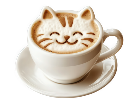 coffee cup with cat shaped foam design, creating adorable and cheerful presentation. Perfect for cat lovers and coffee enthusiasts alike - Powered by Adobe