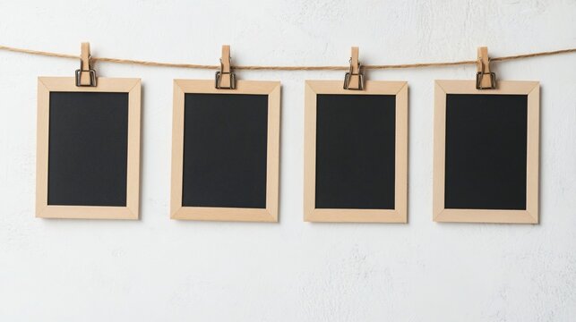 Chalkboards on display, minimalist design, rustic wooden frames, ideal for announcements or personal messages, copy-space available