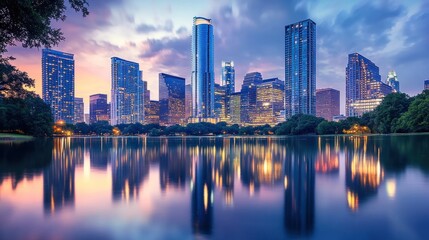 Fototapeta premium Cityscape sunset reflection, park, urban, twilight, skyline, lake, evening, travel, advertising