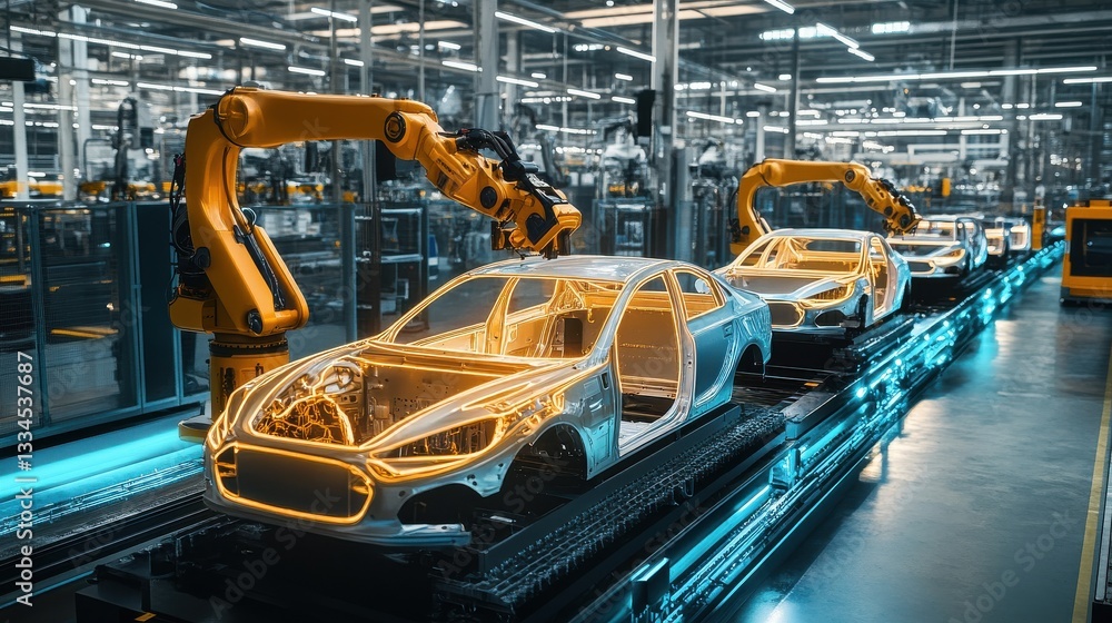 Poster automated forklifts and robotic arms in a modern assembly line for car production and packaging with