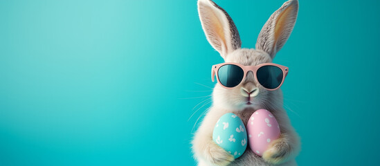 Cool Bunny with Sunglasses Holding Pastel Easter Eggs on blue background, banner with copy space