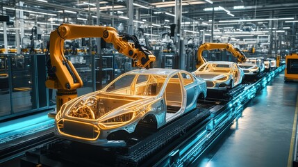 Automated Forklifts and Robotic Arms in a Modern Assembly Line for Car Production and Packaging with Glowing Crates Ready for Shipment