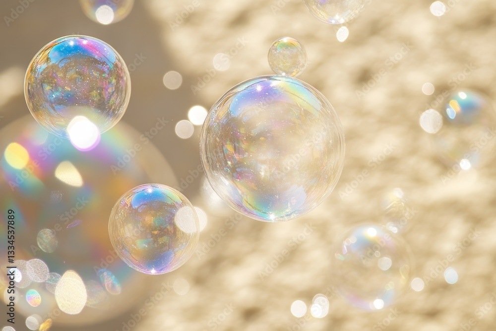 Poster delicate soap bubbles float in the gentle sunlight, shimmering with iridescent colors against a warm
