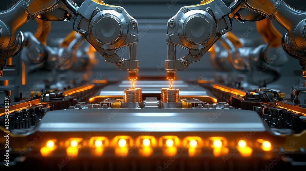 Poster advanced robotic arms tightening bolts on car engine with precision tools and glowing indicators in 