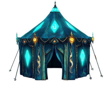 Fantasy inspired tent with glowing symbols, featuring vibrant blue color and intricate designs, creating magical atmosphere for gatherings or events