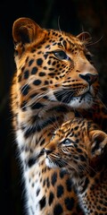 Naklejka premium Leopard with her baby in a realistic wildlife photography setting