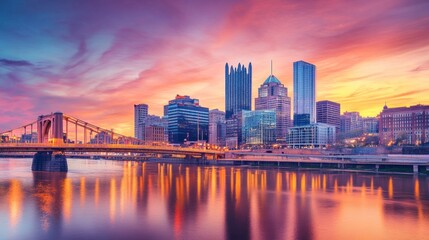 Fototapeta premium Cityscape sunrise, river reflection, bridge, downtown