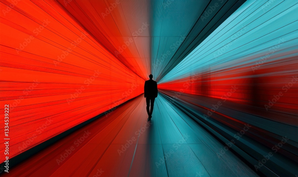 Poster a man walks along a striking path with vivid colors, creating an intriguing sense of motion and dire