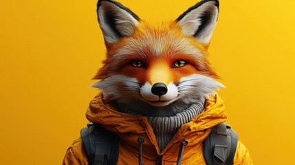 Obraz premium Vibrant Anthropomorphic Fox Character in Modern Streetwear on Yellow Background