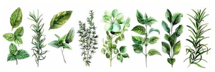 Delicate watercolor illustration featuring an assortment of fresh culinary herbs arranged meticulously on a pristine white background, showcasing their vibrant green hues