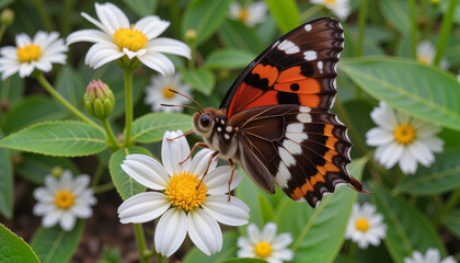 Vibrantly colored butterfly resting on blooming flower, natural beauty