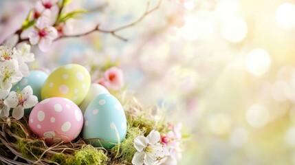 Fototapeta premium Pastel Easter eggs with spring flowers, a festive celebration of renewal and joy.
