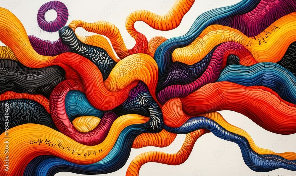 Poster a dynamic display of interwoven, textured strands creating a vibrant abstract artwork.