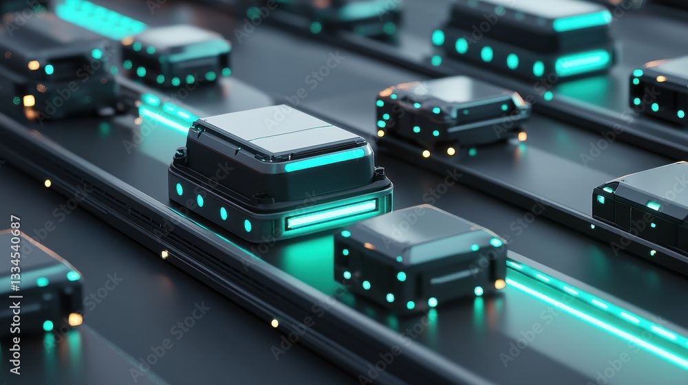 Poster high-tech conveyor system for automated transport of car parts featuring sleek design and synchroniz