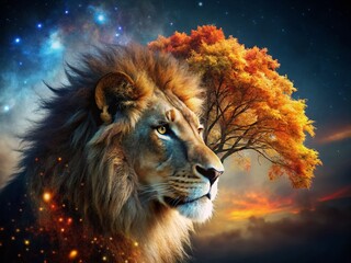 Majestic Lion Profile Autumn Tree Double Exposure Night Photography