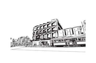 Latest building view with landmark of Christchurch city of New Zealand. Hand drawn sketch illustration in vector