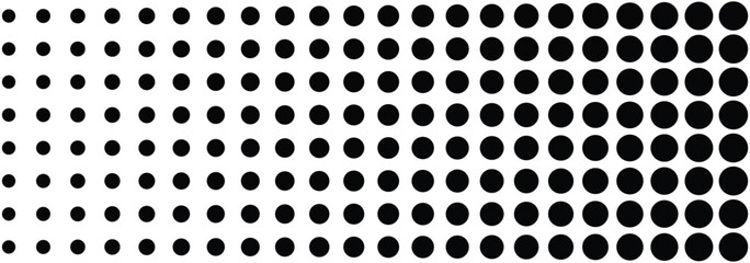 Dotted halftone gradient texture. Vanishing polka dot background. Horizontal seamless dotted pattern in pop art style. Fade gradient black and white half tone background. Vector illustration
