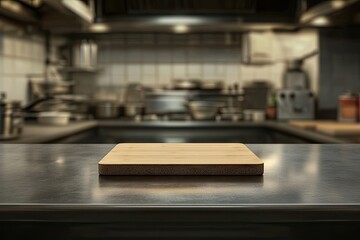 Empty wooden cutting board on stainless steel countertop in a professional kitchen