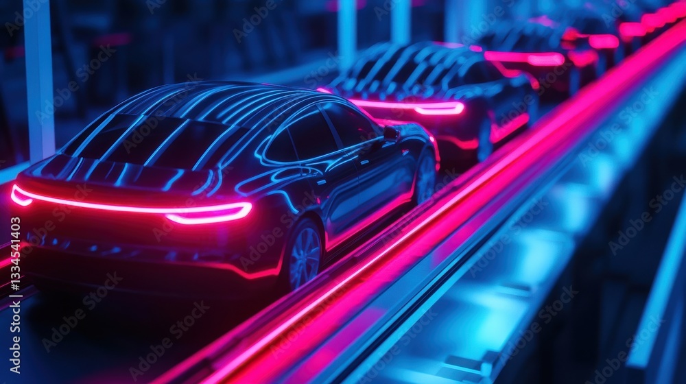 Poster futuristic conveyor system for transporting car parts with synchronized movements and glowing led li