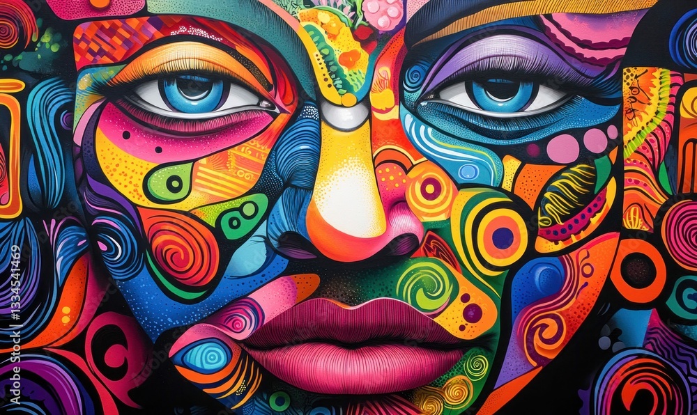 Poster a vividly colored abstract portrait showcases intricate patterns and a modern, artistic design.