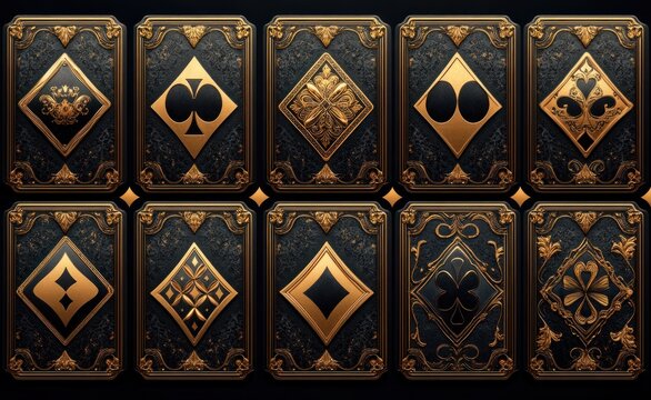 Casino Wallpaper Elegant Dark Gold Black Pattern with Card Suits Hearts Spades Diamonds Clubs for Gambling Business