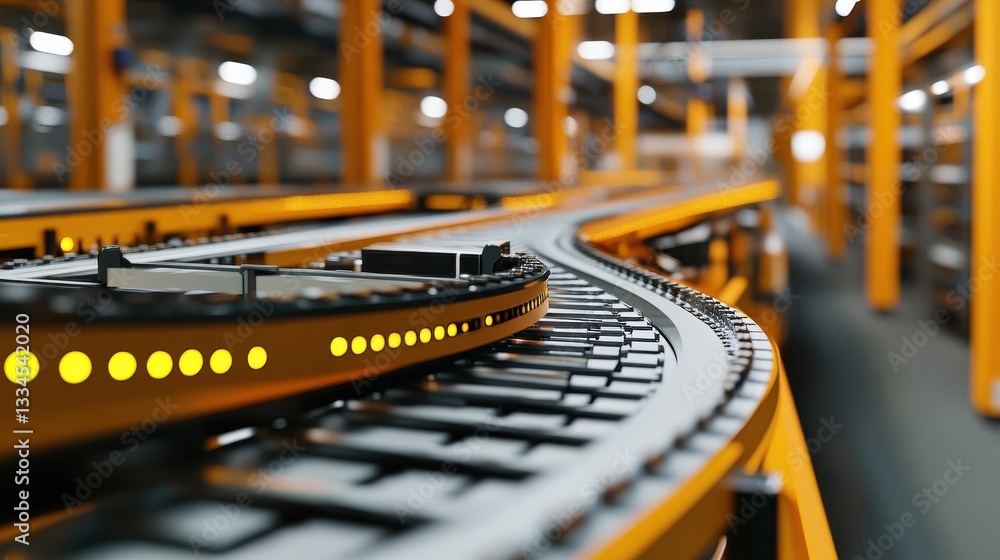 Poster synchronized conveyor system for transporting car parts with glowing led lights in modern warehouse 
