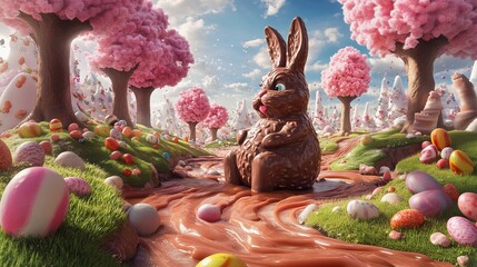 A giant chocolate Easter bunny in a candy land, surrounded by rivers of melted chocolate and marshmallow trees