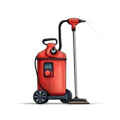 Fototapeta premium Red steam cleaner with hose and brush attachment, ideal for deep cleaning and sanitizing various surfaces efficiently.