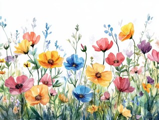Fototapeta premium Delicate watercolor painting of vibrant meadow flowers in full bloom, showcasing a colorful and artistic floral arrangement on a clean white background