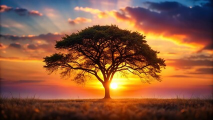 Fototapeta premium Majestic Silhouette of Tree at Sunset with Bokeh, Nature Photography