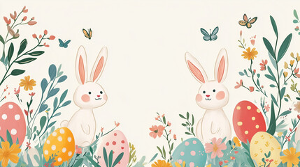 Obraz premium Easter Template Featuring Bunnies and Decorated Eggs on Pastel Background – Ideal for Banner, Menu, or Postcard with Copy Space
