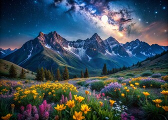 Obraz premium Majestic Spring Mountain Night Photography: Starry Sky Over Blooming Meadow